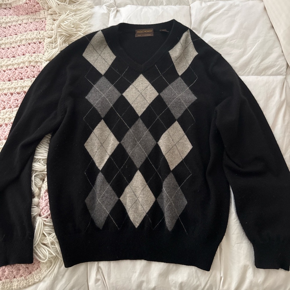 Men's Black Argyle V-Neck Sweater